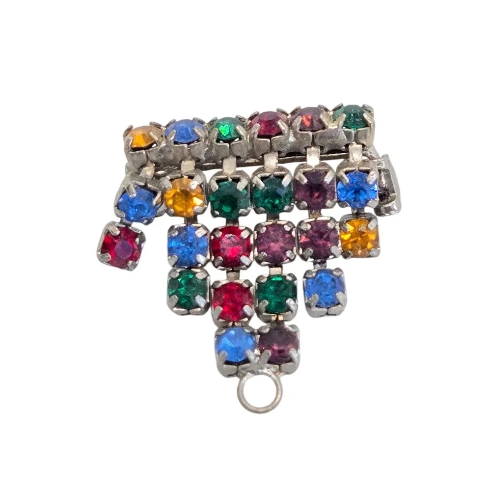 Vintage Multi-Color Rhinestone Dangle Brooch Pin Women OS Silver Swing Retro 1in